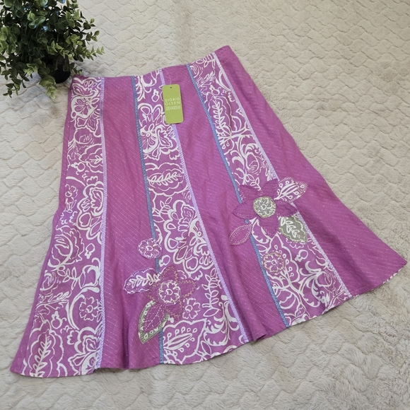Sigrid Olsen Pink Metallic Painted Petals Linen Flared Skirt, Size 4 NWT - Picture 1 of 8